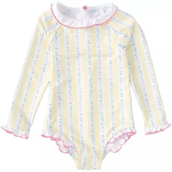 Edghill Collection one piece swimsuit rashguard toddler girl ruffle block print - Picture 1 of 8